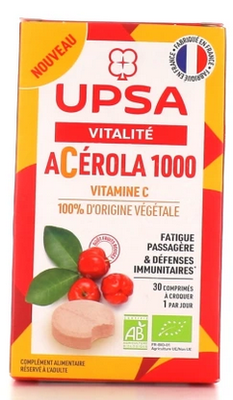 Image UPSA VITALITÉ ACÉROLA 1000 - Comprimé à croquer, complément alimentaire à base de poudre de jus d'acérola. - tube 2 x 15