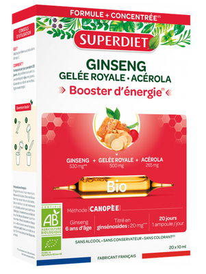 Image SUPERDIET GINSENG GELÉE ROYALE ACÉROLA BIO Solution buvable, complément alimentaire avec ginseng, gelée royale et acérola. - Boîte 20 ampoules de 10 ml